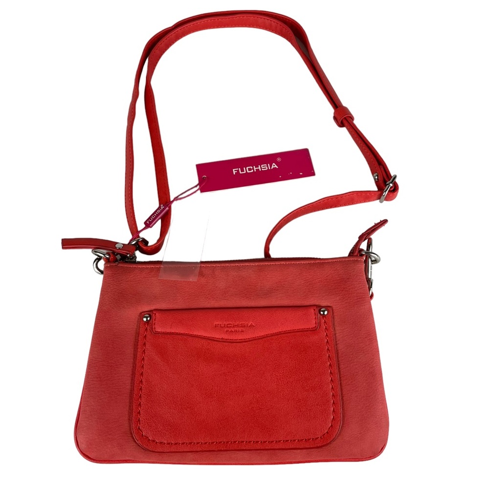 NWT Fuchsia Paris Pebbled Vegan Leather Zippered Coral Purse Adjustable Straps